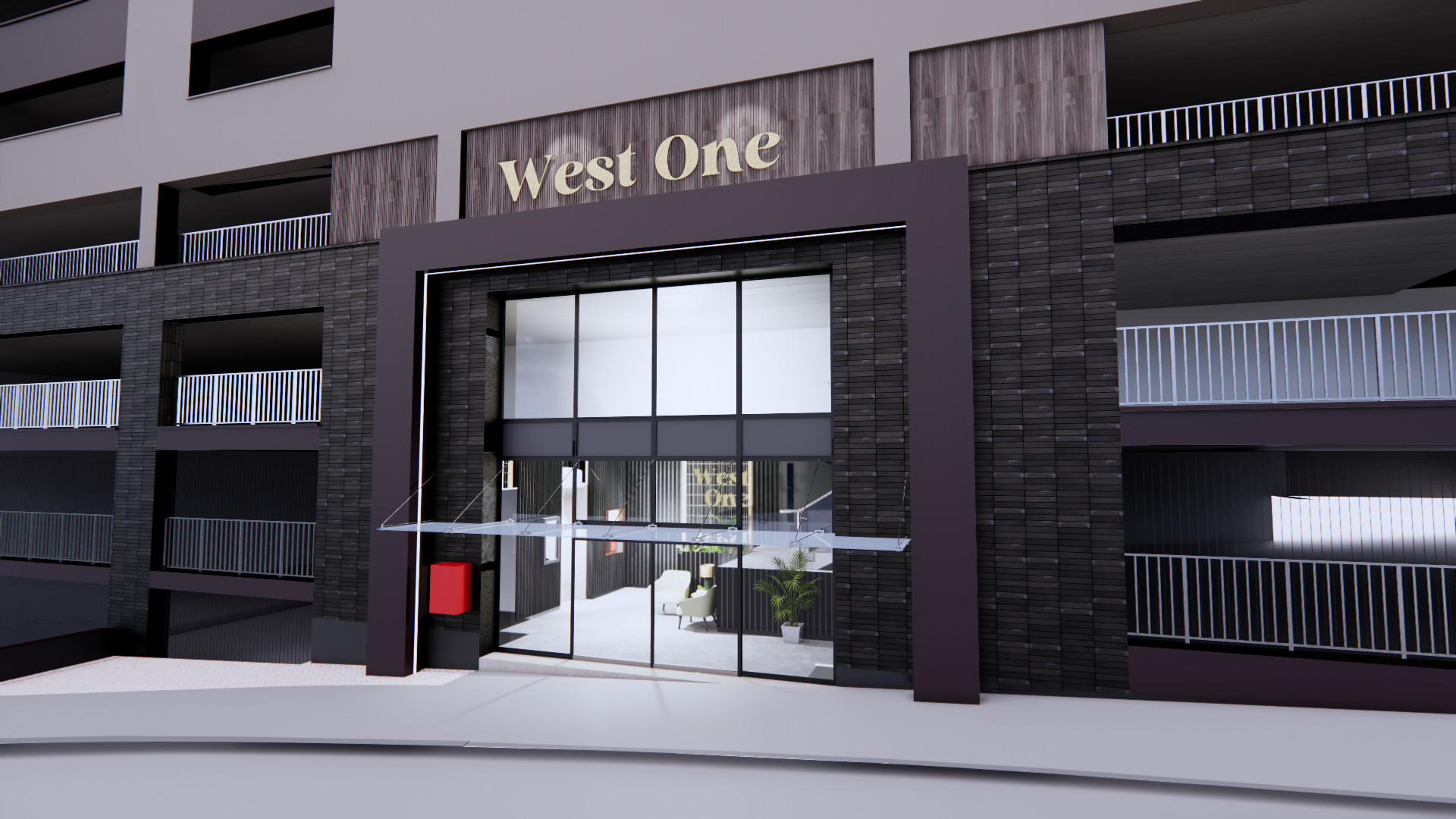Proposed West One entrance portal and facade design scheme.